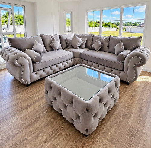 Grey plush tufted corner sofa - grey,